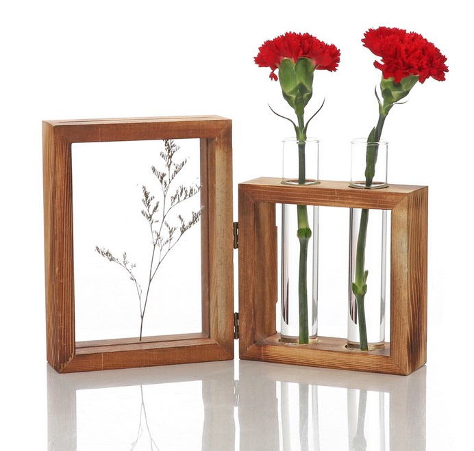 فازة خشبية مع فتحات زجاجية للنباتات الطبيعية على شكل البوم صور-KR130219
