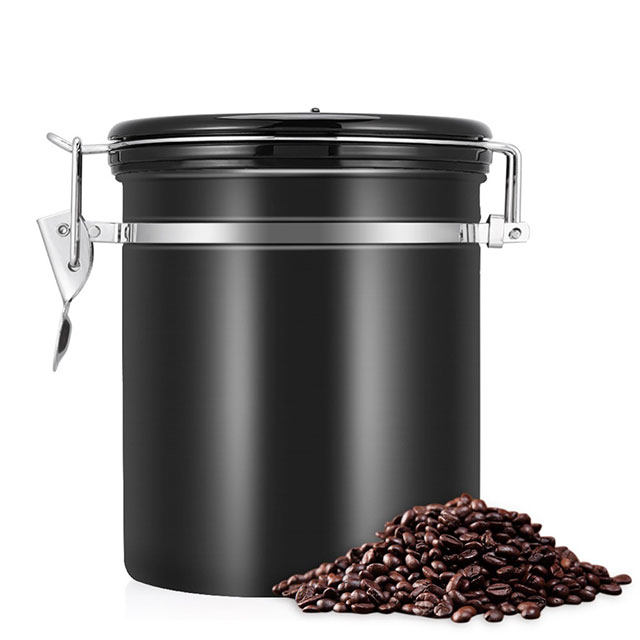 حافظة حبوب القهوة من الاستانلس ستيل سعة 1000 مل لون اسود-KR012057