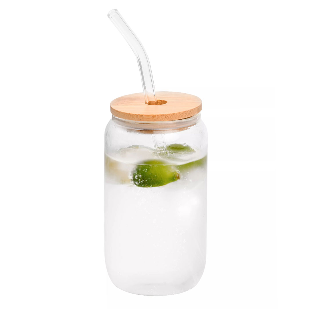 Juice glass jar wood lid with straw 400ml G-1402-KR013031