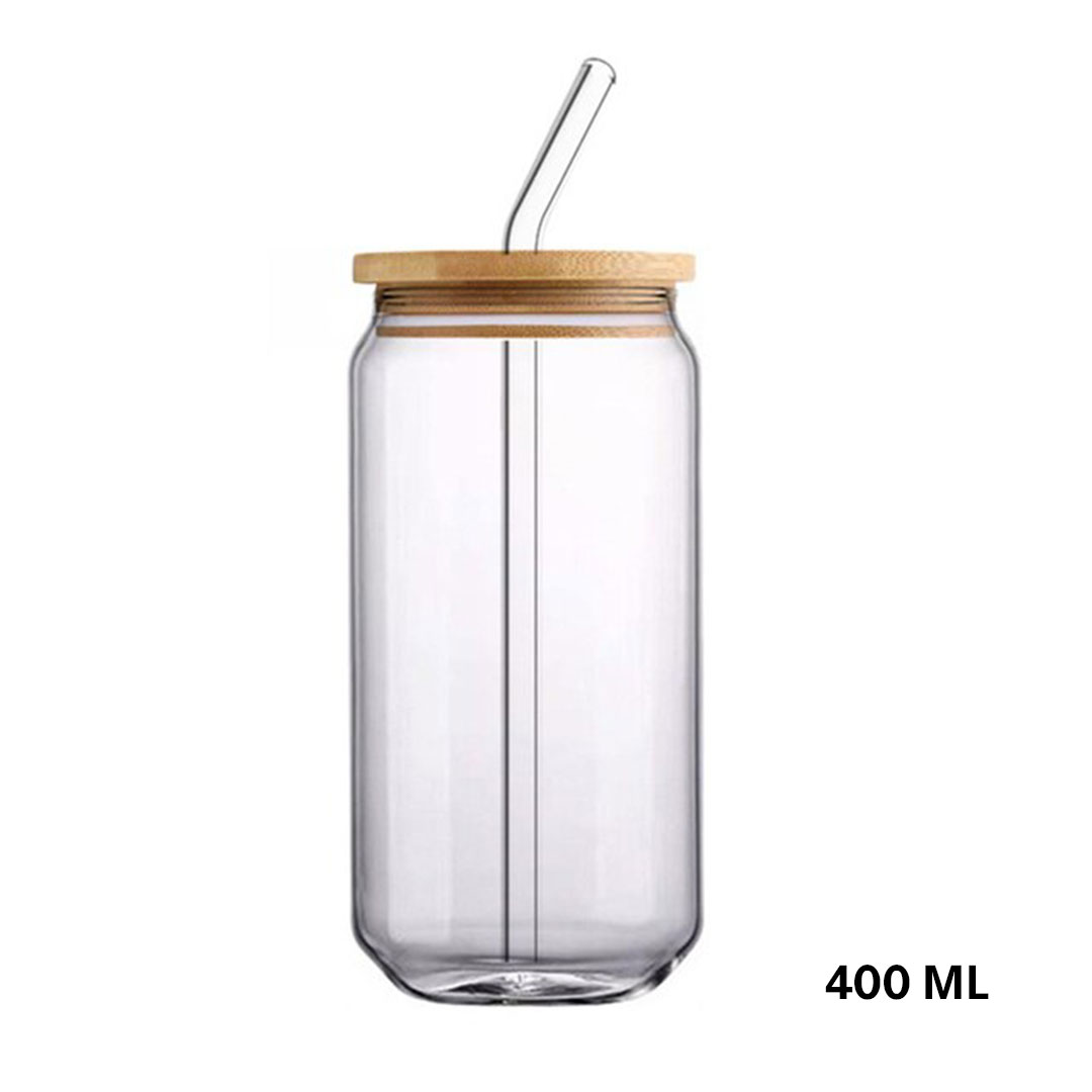 Juice glass jar wood lid with straw 400ml G-1402-KR013031