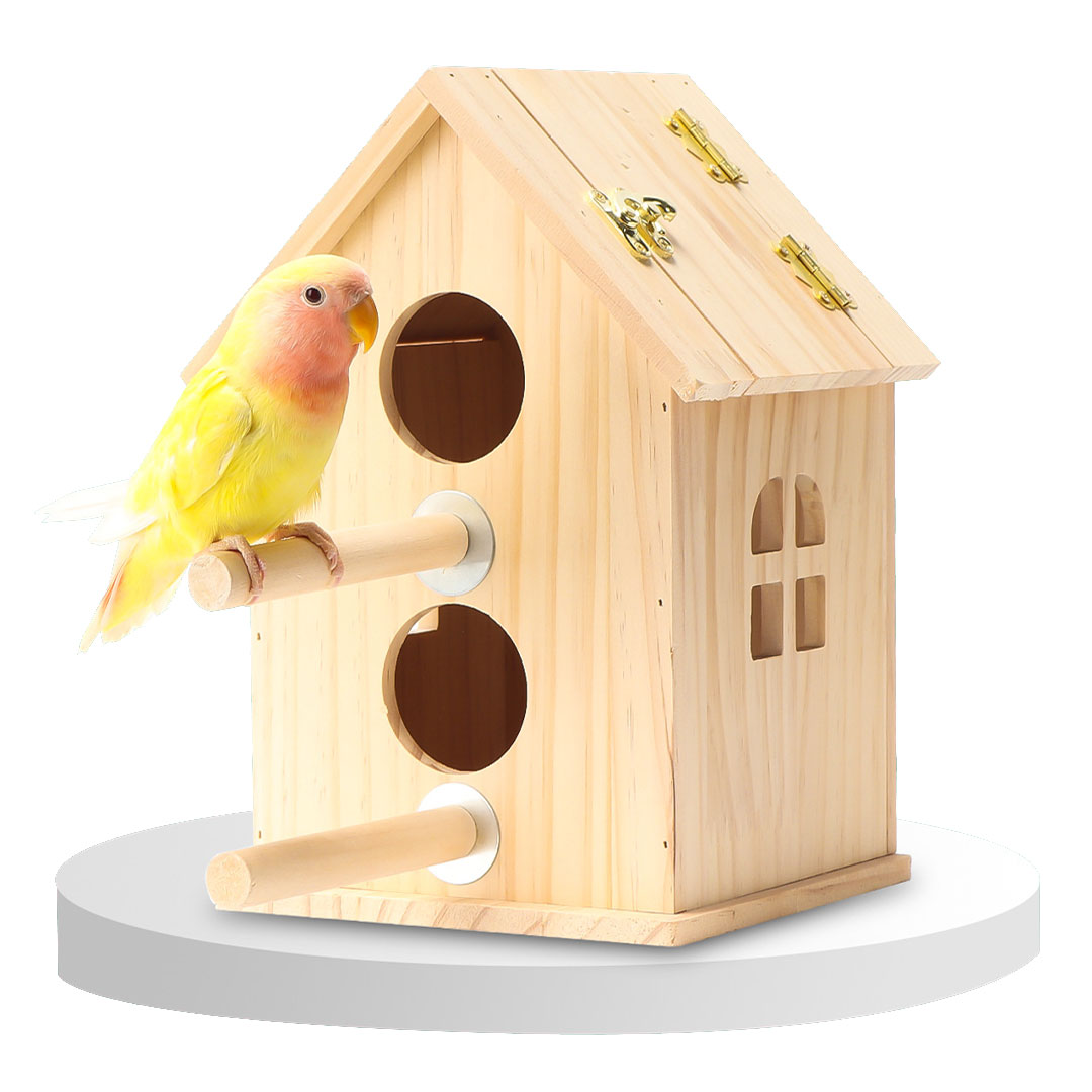 بيت خشبي بفتحتين لتعشيش طيور الزينة